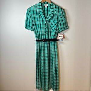 Vintage Deadstock Leslie Fay Plaid Women's Dress With Belt & Silver Buttons 12P